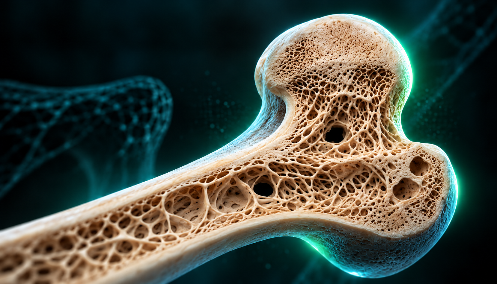 Brand concept illustration of a porous bone structure, lit in warm ivory and teal.